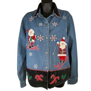 Dress Barn Long Sleeve Denim Christmas Shirt Skiing Santa Snow Velvet Trim Large